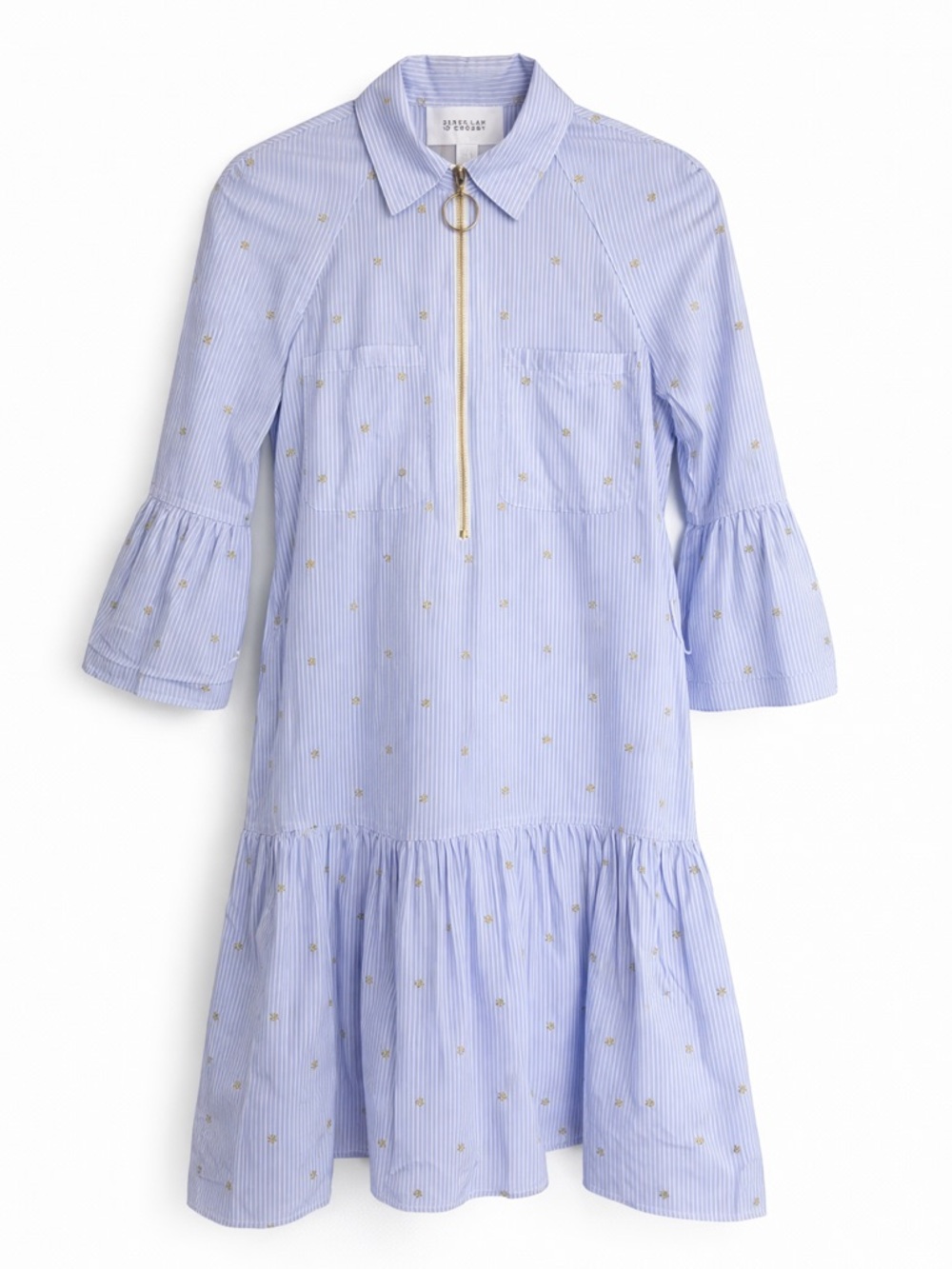 Derek Lam 10 Crosby Blue Stripe | Embroidered Cotton Shirt Dress Gold Zip